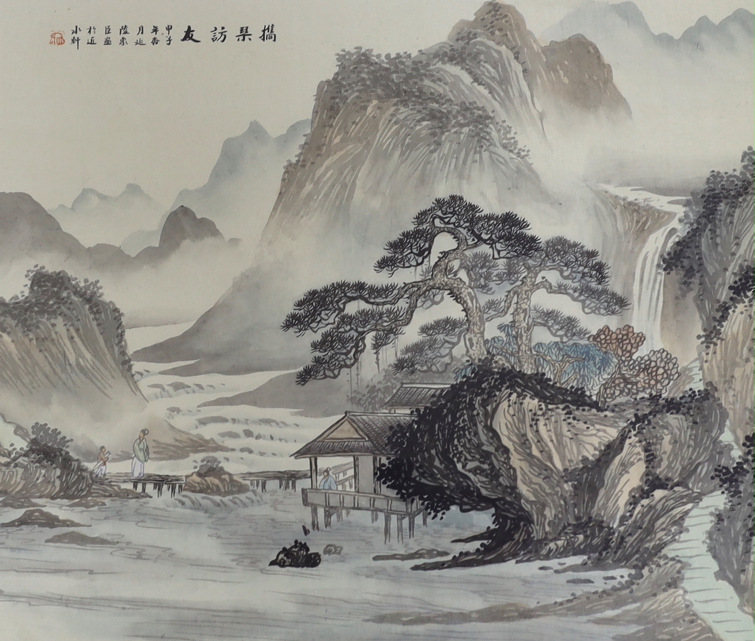 Three Chinese watercolours on silk, Mountainous landscapes with pagodas, largest 30 x 37cm